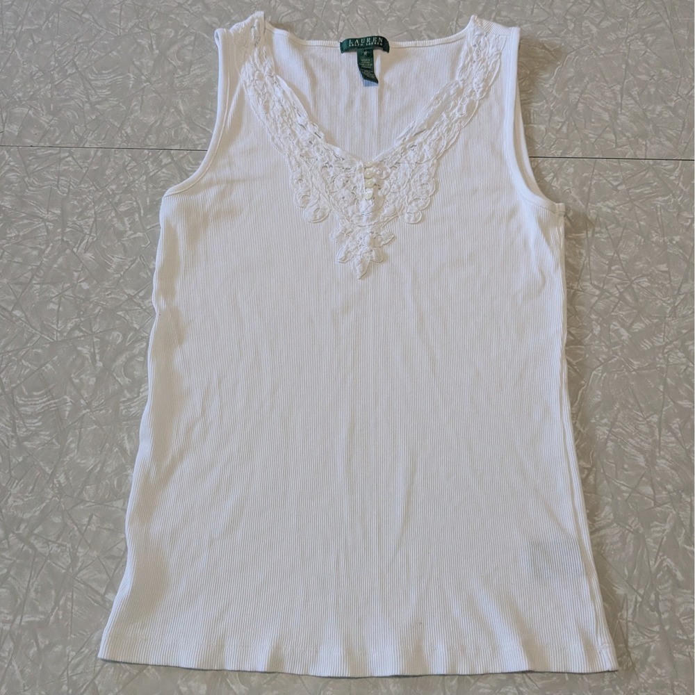 Lauren Ralph Lauren M White Ribbed Lace Trim V-Neck Tank Top Fairy Cottage Y2K